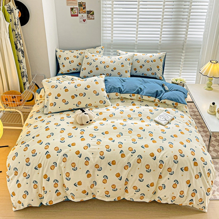 91家纺网 家纺一手货源 找家纺 暖芯优选2023新款超柔有氧小竺提花棉双层纱学生四件套 浅沫