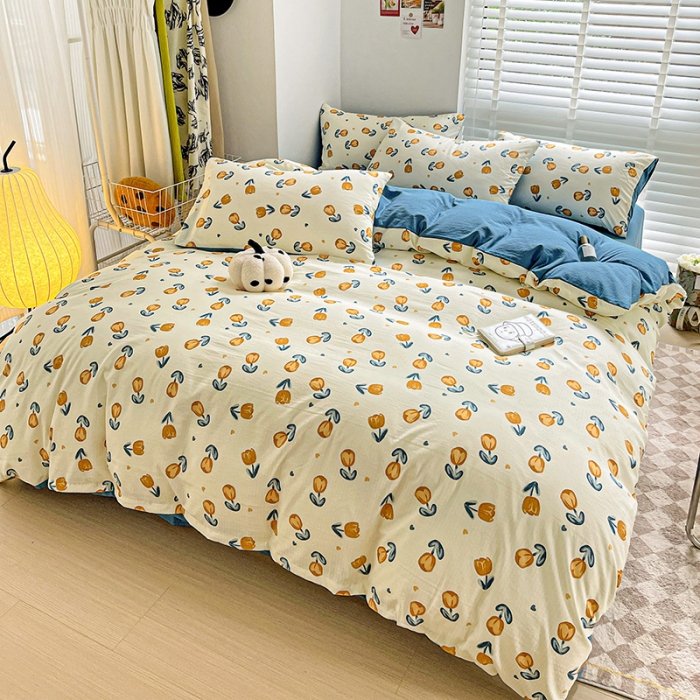 91家纺网 家纺一手货源 找家纺 暖芯优选2023新款超柔有氧小竺提花棉双层纱学生四件套 浅沫