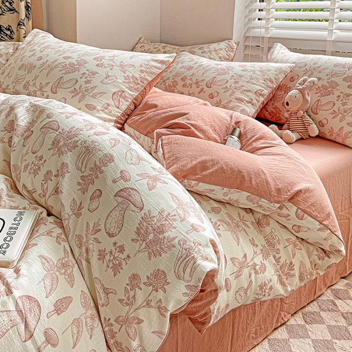 91家纺网 家纺一手货源 找家纺 暖芯优选2023新款超柔有氧小竺提花棉双层纱学生四件套 蘑菇森林