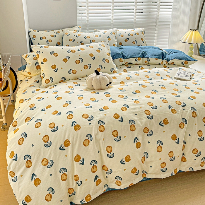 91家纺网 家纺一手货源 找家纺 暖芯优选2023新款超柔有氧小竺提花棉双层纱学生四件套 浅沫