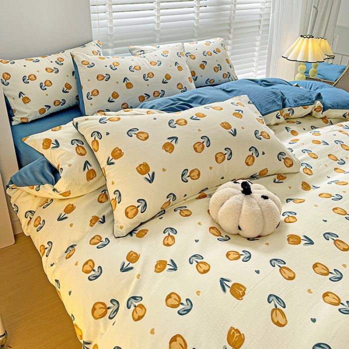 91家纺网 家纺一手货源 找家纺 暖芯优选2023新款超柔有氧小竺提花棉双层纱学生四件套 浅沫