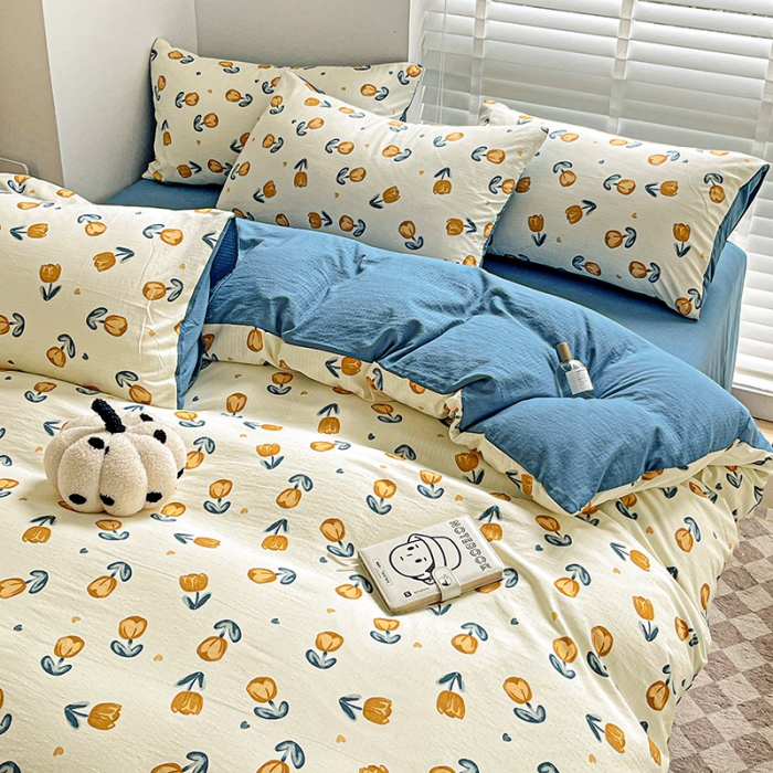 91家纺网 家纺一手货源 找家纺 暖芯优选2023新款超柔有氧小竺提花棉双层纱学生四件套 浅沫