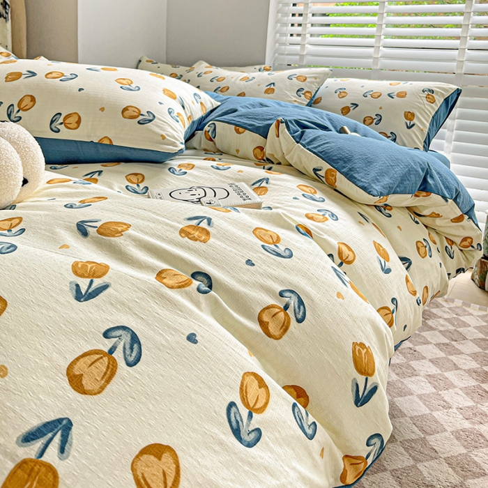 91家纺网 家纺一手货源 找家纺 暖芯优选2023新款超柔有氧小竺提花棉双层纱学生四件套 浅沫