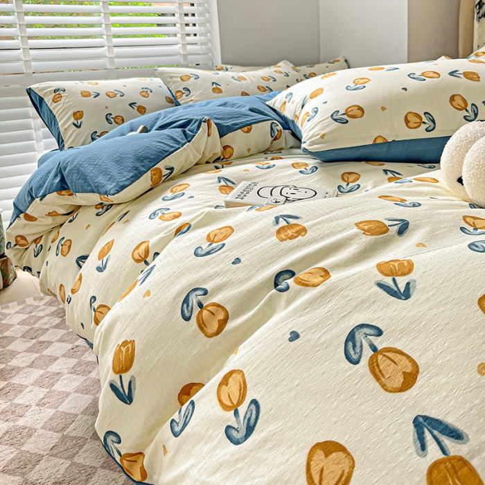 91家纺网 家纺一手货源 找家纺 暖芯优选2023新款超柔有氧小竺提花棉双层纱学生四件套 浅沫