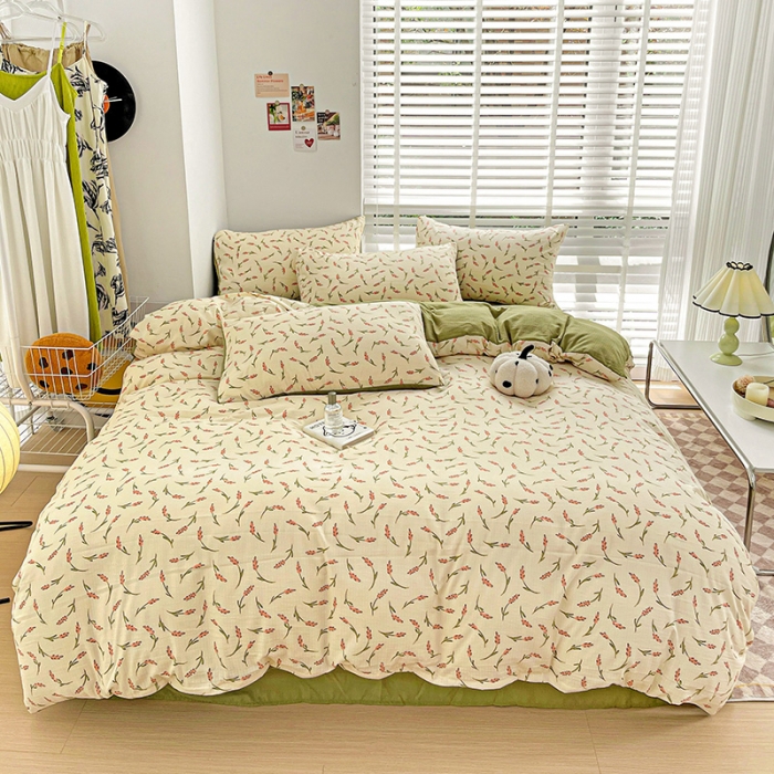 91家纺网 家纺一手货源 找家纺 暖芯优选2023新款超柔有氧小竺提花棉双层纱学生四件套 清风