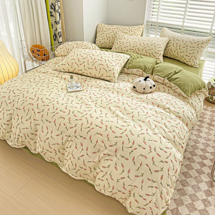 91家纺网 家纺一手货源 找家纺 暖芯优选2023新款超柔有氧小竺提花棉双层纱学生四件套 清风