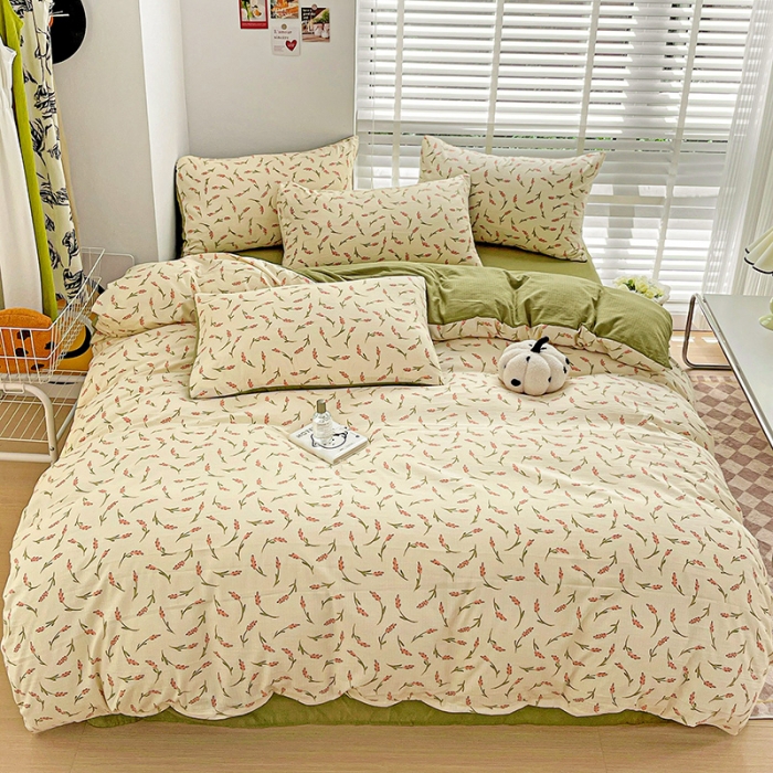 91家纺网 家纺一手货源 找家纺 暖芯优选2023新款超柔有氧小竺提花棉双层纱学生四件套 清风