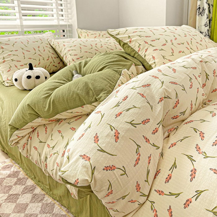 91家纺网 家纺一手货源 找家纺 暖芯优选2023新款超柔有氧小竺提花棉双层纱学生四件套 清风