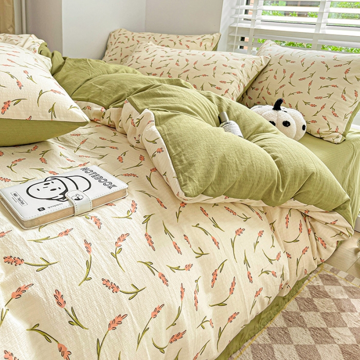 91家纺网 家纺一手货源 找家纺 暖芯优选2023新款超柔有氧小竺提花棉双层纱学生四件套 清风