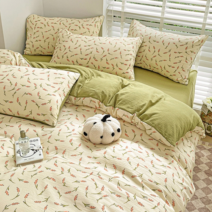 91家纺网 家纺一手货源 找家纺 暖芯优选2023新款超柔有氧小竺提花棉双层纱学生四件套 清风