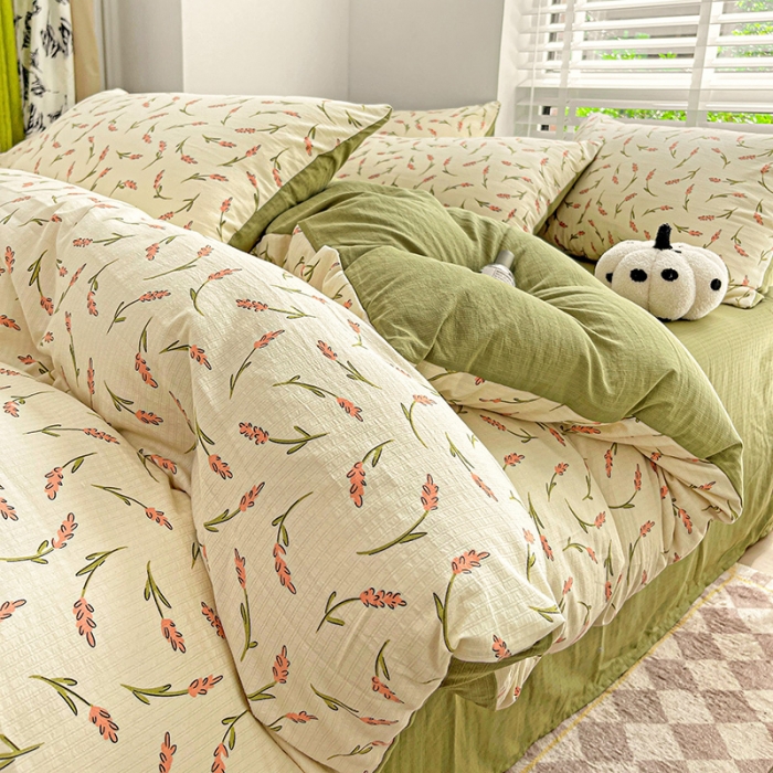 91家纺网 家纺一手货源 找家纺 暖芯优选2023新款超柔有氧小竺提花棉双层纱学生四件套 清风