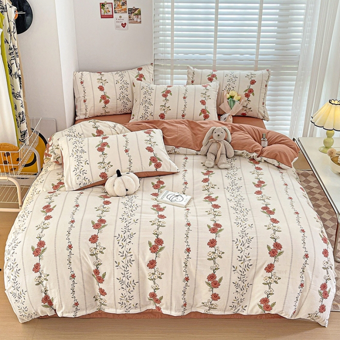 91家纺网 家纺一手货源 找家纺 暖芯优选2023新款超柔有氧小竺提花棉双层纱学生四件套 四季花园