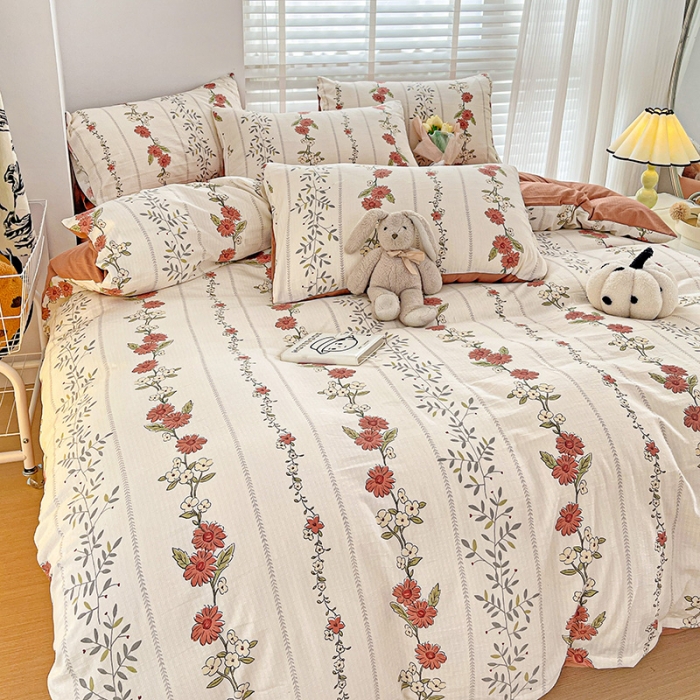 91家纺网 家纺一手货源 找家纺 暖芯优选2023新款超柔有氧小竺提花棉双层纱学生四件套 四季花园