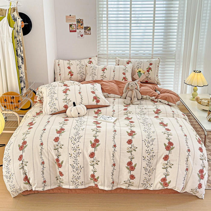 91家纺网 家纺一手货源 找家纺 暖芯优选2023新款超柔有氧小竺提花棉双层纱学生四件套 四季花园