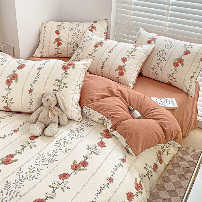 91家纺网 家纺一手货源 找家纺 暖芯优选2023新款超柔有氧小竺提花棉双层纱学生四件套 四季花园