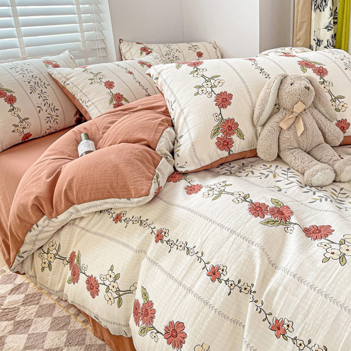 91家纺网 家纺一手货源 找家纺 暖芯优选2023新款超柔有氧小竺提花棉双层纱学生四件套 四季花园