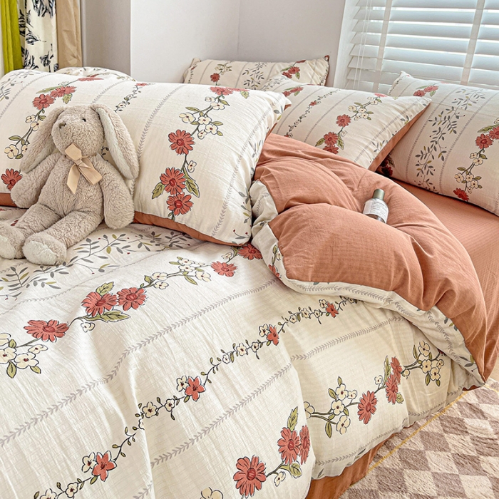 91家纺网 家纺一手货源 找家纺 暖芯优选2023新款超柔有氧小竺提花棉双层纱学生四件套 四季花园