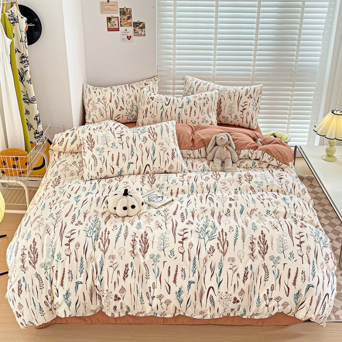 91家纺网 家纺一手货源 找家纺 暖芯优选2023新款超柔有氧小竺提花棉双层纱学生四件套 婉然