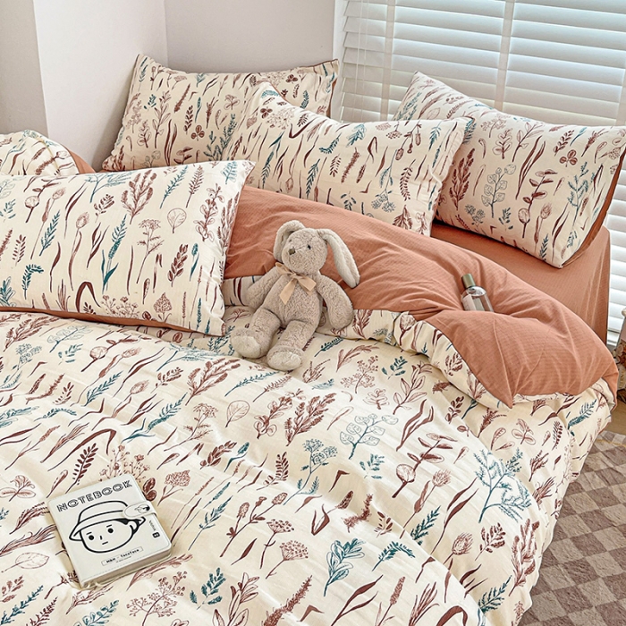 91家纺网 家纺一手货源 找家纺 暖芯优选2023新款超柔有氧小竺提花棉双层纱学生四件套 婉然