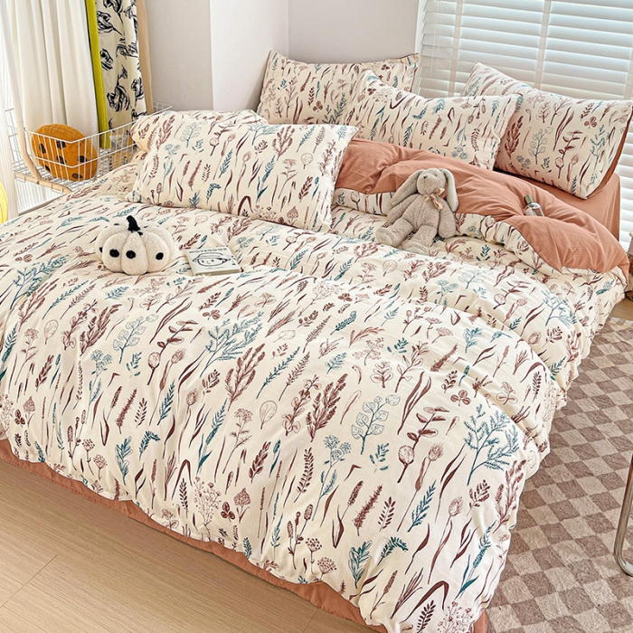 91家纺网 家纺一手货源 找家纺 暖芯优选2023新款超柔有氧小竺提花棉双层纱学生四件套 婉然