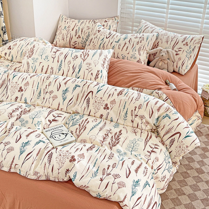 91家纺网 家纺一手货源 找家纺 暖芯优选2023新款超柔有氧小竺提花棉双层纱学生四件套 婉然