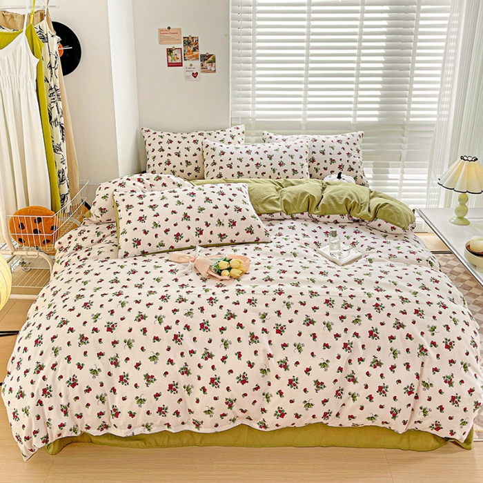 91家纺网 家纺一手货源 找家纺 暖芯优选2023新款超柔有氧小竺提花棉双层纱学生四件套 小草莓