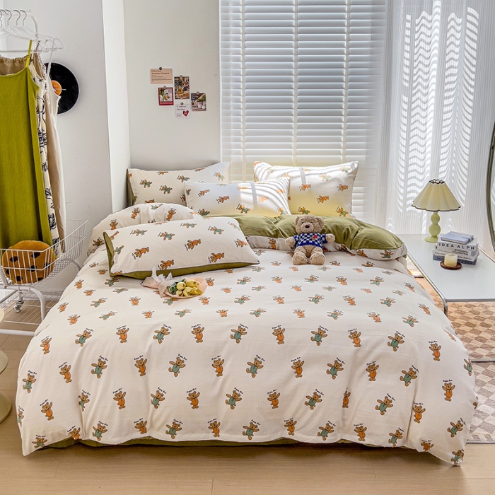 91家纺网 家纺一手货源 找家纺 暖芯优选2023新款超柔有氧小竺提花棉双层纱学生四件套 小熊派对