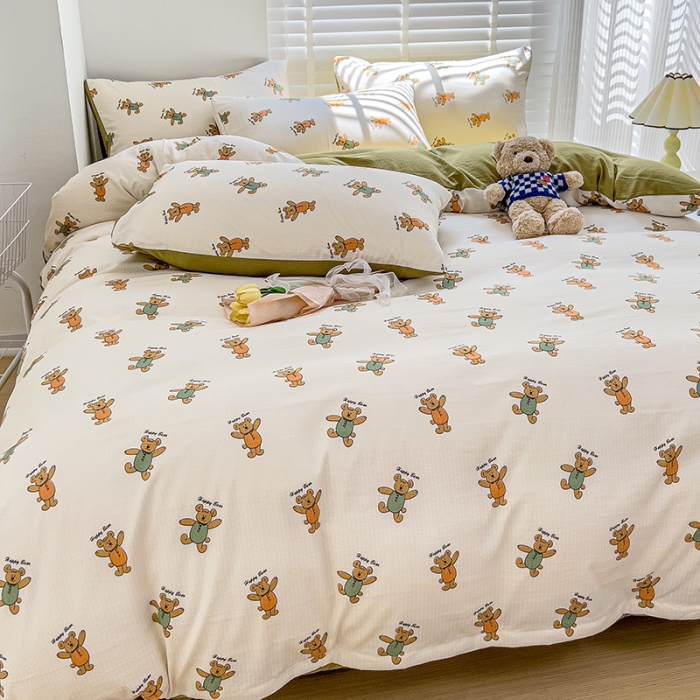 91家纺网 家纺一手货源 找家纺 暖芯优选2023新款超柔有氧小竺提花棉双层纱学生四件套 小熊派对