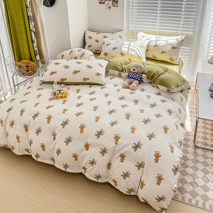 91家纺网 家纺一手货源 找家纺 暖芯优选2023新款超柔有氧小竺提花棉双层纱学生四件套 小熊派对