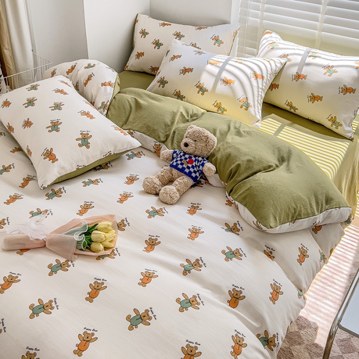 91家纺网 家纺一手货源 找家纺 暖芯优选2023新款超柔有氧小竺提花棉双层纱学生四件套 小熊派对