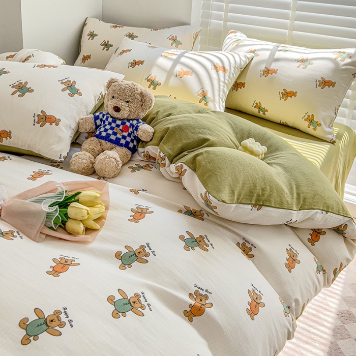 91家纺网 家纺一手货源 找家纺 暖芯优选2023新款超柔有氧小竺提花棉双层纱学生四件套 小熊派对