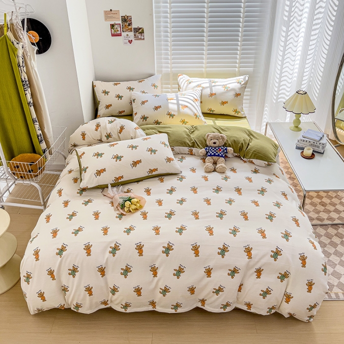 91家纺网 家纺一手货源 找家纺 暖芯优选2023新款超柔有氧小竺提花棉双层纱学生四件套 小熊派对