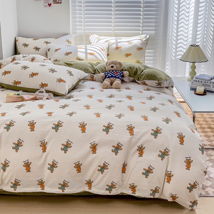 91家纺网 家纺一手货源 找家纺 暖芯优选2023新款超柔有氧小竺提花棉双层纱学生四件套 小熊派对