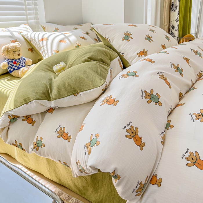 91家纺网 家纺一手货源 找家纺 暖芯优选2023新款超柔有氧小竺提花棉双层纱学生四件套 小熊派对