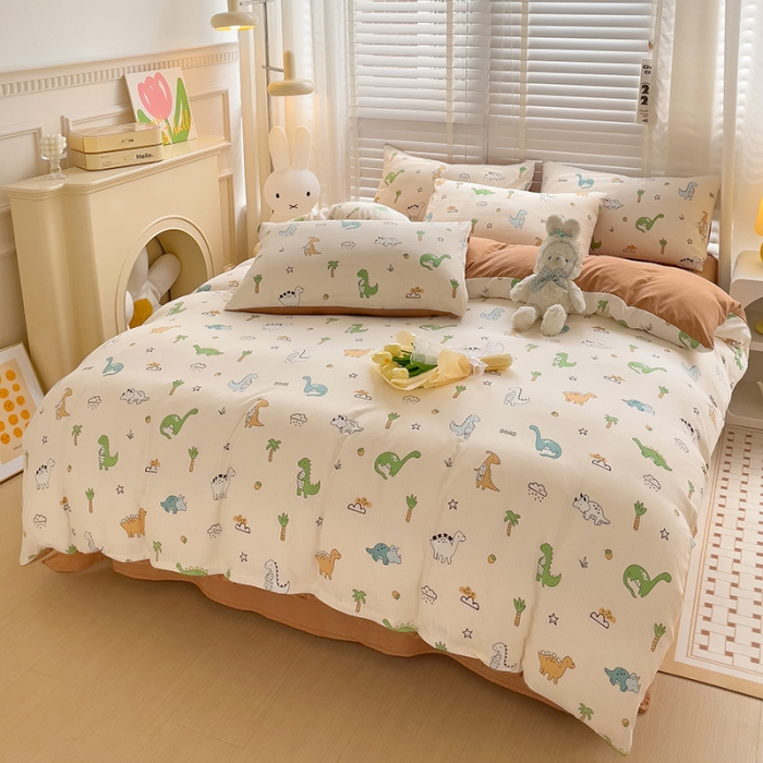 91家纺网 家纺一手货源 找家纺 暖芯优选2023新款超柔有氧小竺提花棉双层纱学生四件套 恐龙星球