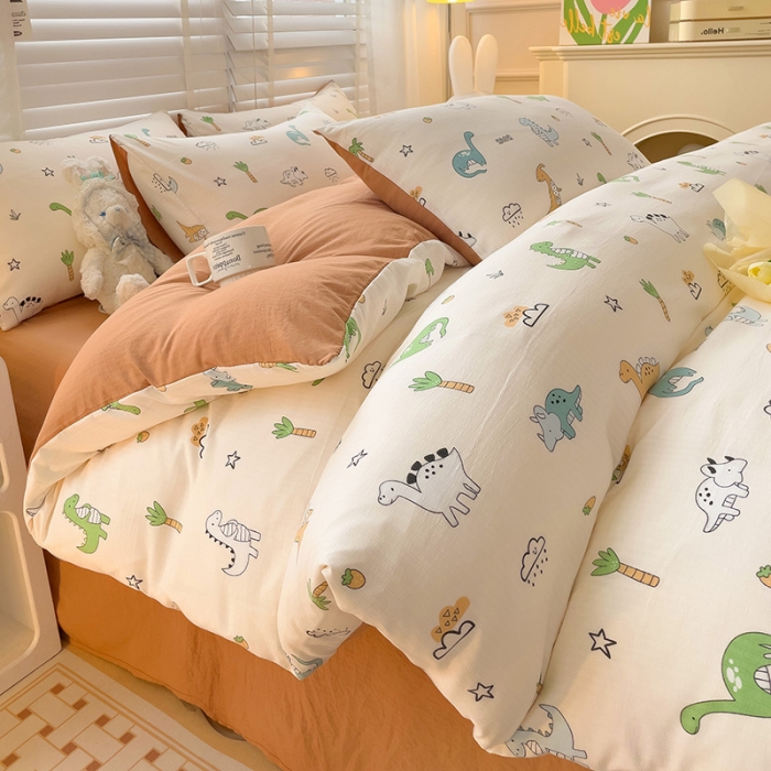 91家纺网 家纺一手货源 找家纺 暖芯优选2023新款超柔有氧小竺提花棉双层纱学生四件套 恐龙星球