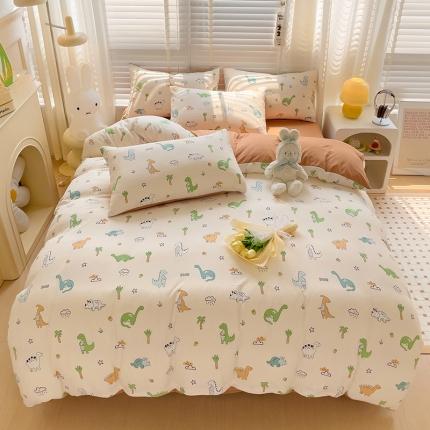 暖芯优选2023新款超柔有氧小竺提花棉双层纱学生四件套 恐龙星球