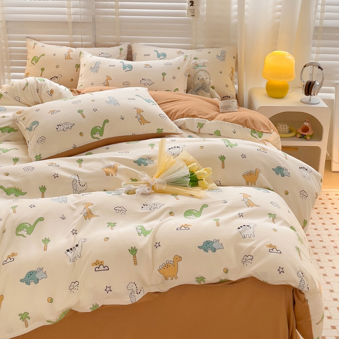 91家纺网 家纺一手货源 找家纺 暖芯优选2023新款超柔有氧小竺提花棉双层纱学生四件套 恐龙星球