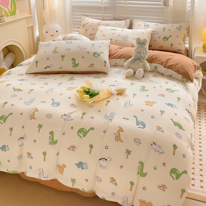 91家纺网 家纺一手货源 找家纺 暖芯优选2023新款超柔有氧小竺提花棉双层纱学生四件套 恐龙星球