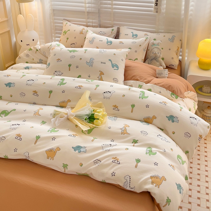 91家纺网 家纺一手货源 找家纺 暖芯优选2023新款超柔有氧小竺提花棉双层纱学生四件套 恐龙星球