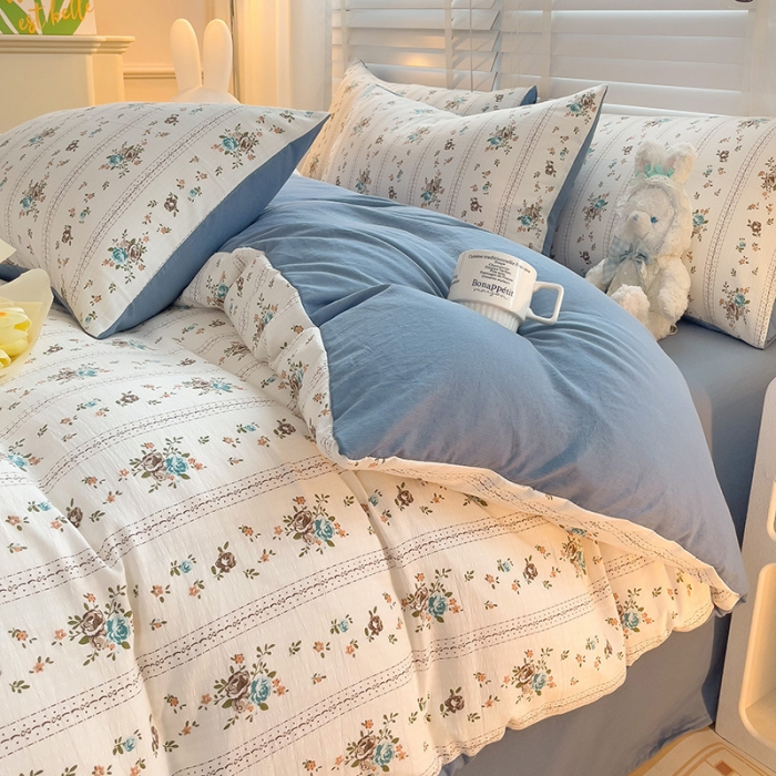 91家纺网 家纺一手货源 找家纺 暖芯优选2023新款超柔有氧小竺提花棉双层纱学生四件套 浪漫爱恋