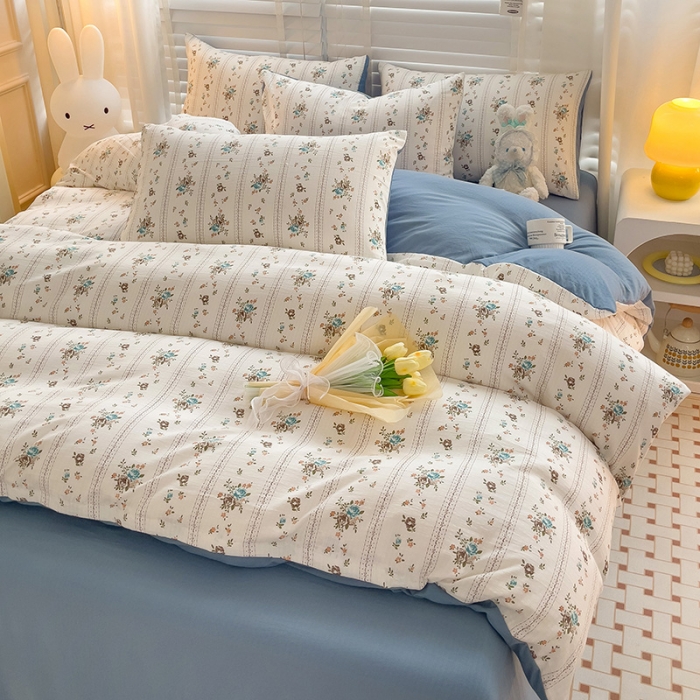 91家纺网 家纺一手货源 找家纺 暖芯优选2023新款超柔有氧小竺提花棉双层纱学生四件套 浪漫爱恋