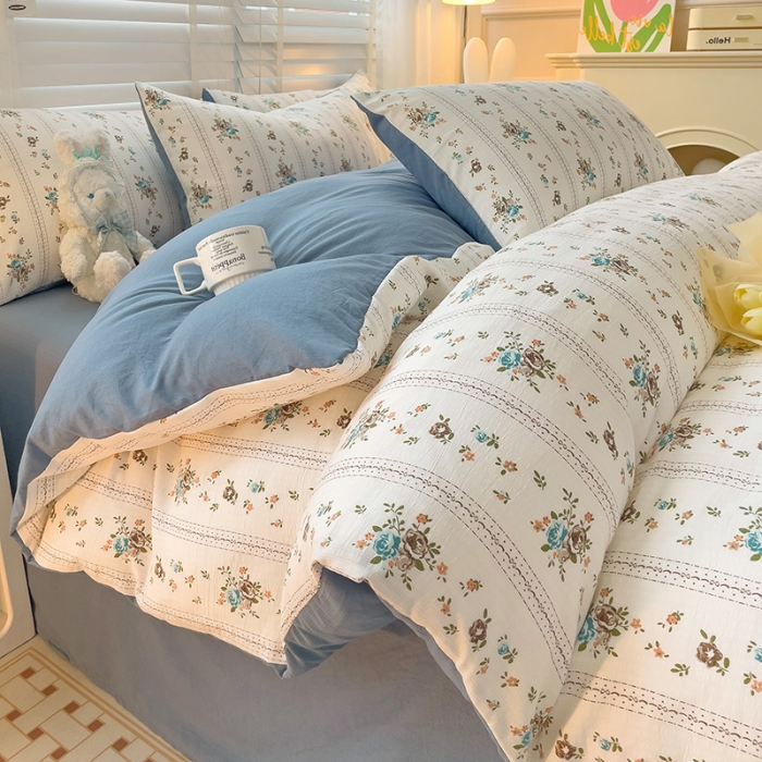 91家纺网 家纺一手货源 找家纺 暖芯优选2023新款超柔有氧小竺提花棉双层纱学生四件套 浪漫爱恋