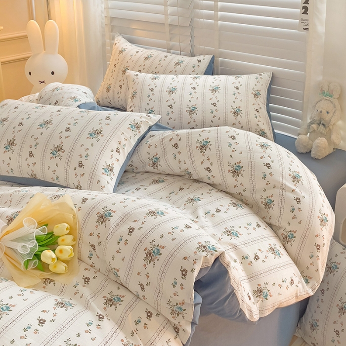 91家纺网 家纺一手货源 找家纺 暖芯优选2023新款超柔有氧小竺提花棉双层纱学生四件套 浪漫爱恋