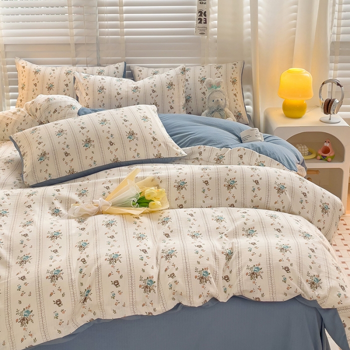 91家纺网 家纺一手货源 找家纺 暖芯优选2023新款超柔有氧小竺提花棉双层纱学生四件套 浪漫爱恋