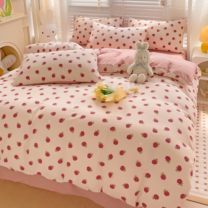 91家纺网 家纺一手货源 找家纺 暖芯优选2023新款超柔有氧小竺提花棉双层纱学生四件套 温宁花语