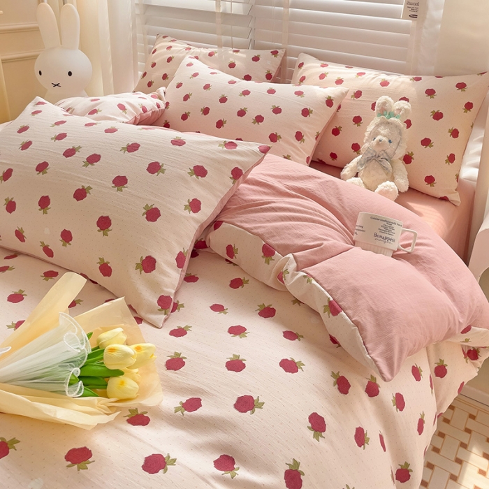 91家纺网 家纺一手货源 找家纺 暖芯优选2023新款超柔有氧小竺提花棉双层纱学生四件套 温宁花语