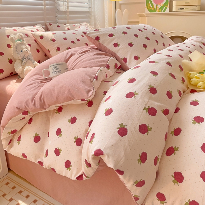 91家纺网 家纺一手货源 找家纺 暖芯优选2023新款超柔有氧小竺提花棉双层纱学生四件套 温宁花语