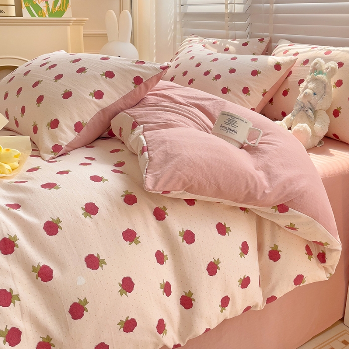 91家纺网 家纺一手货源 找家纺 暖芯优选2023新款超柔有氧小竺提花棉双层纱学生四件套 温宁花语