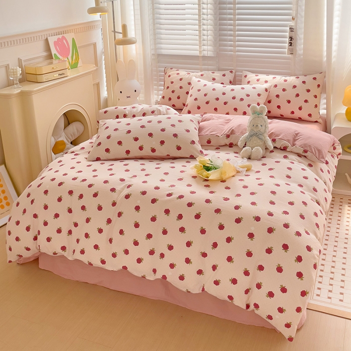 91家纺网 家纺一手货源 找家纺 暖芯优选2023新款超柔有氧小竺提花棉双层纱学生四件套 温宁花语